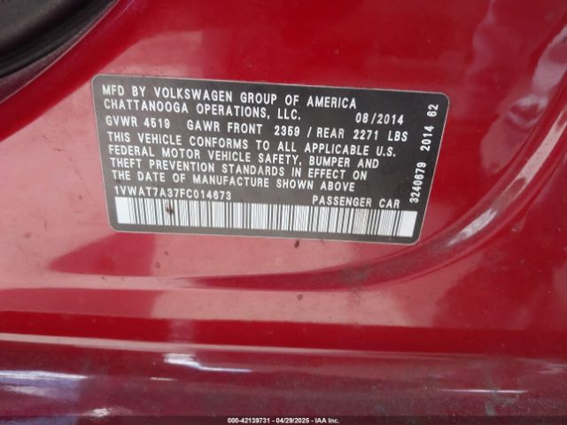 1VWAT7A37FC014673 Volkswagen Passat 1.8t Wolfsburg Edition