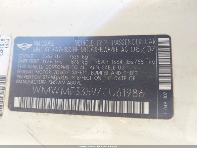 2007 MINI COOPER WMWMF33597TU61986 Photo 8