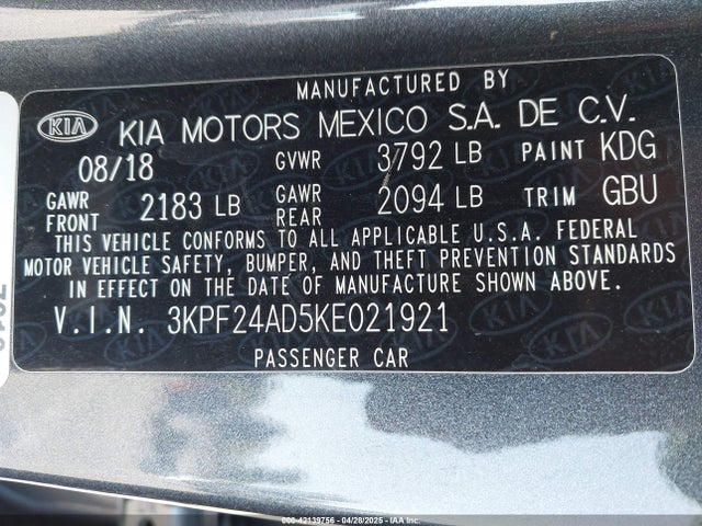 3KPF24AD5KE021921 KIA Forte Lxs
