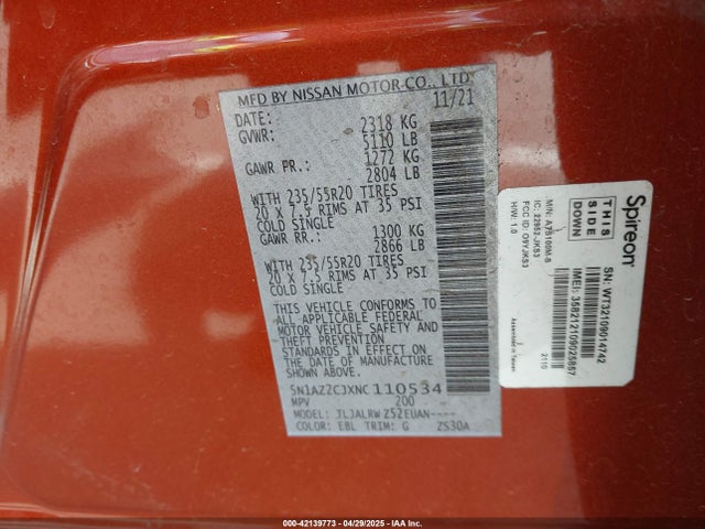 5N1AZ2CJXNC110534 Nissan Murano Sl Fwd