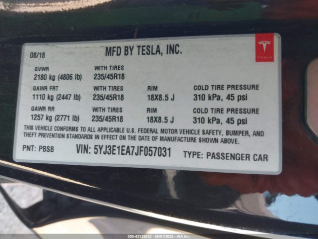 5YJ3E1EA7JF057031 Tesla Model 3 Long Range/mid Range