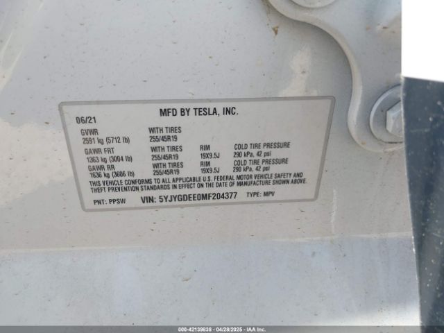 5YJYGDEE0MF204377 Tesla Model Y Long Range Dual Motor All-wheel Drive