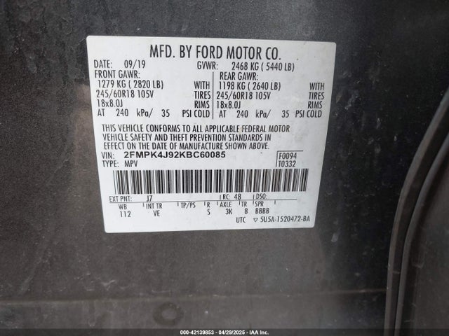 Ford EDGE SEL 2019 2FMPK4J92KBC60085 Image 9