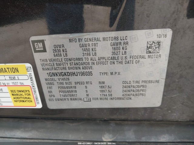 1GNKVGKD9HJ196035 Chevrolet Traverse 1lt