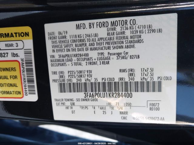 3FA6P0LU1KR284400 Ford 2019
