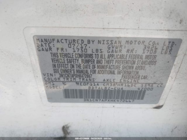 3N1CN7APXHK472667 Nissan Versa 1.6 Sv