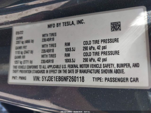 2022 TESLA MODEL 3 5YJ3E1EB6NF260118 Photo 8