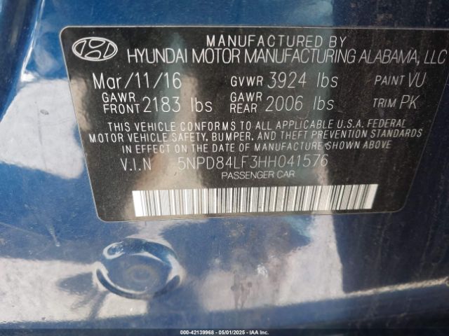 5NPD84LF3HH041576 Hyundai ELANTRA SE