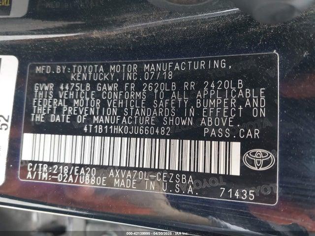4T1B11HK0JU660482 Toyota CAMRY SE
