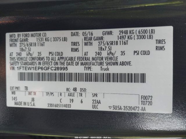 1FTEW1EP6GFC28995 Ford F-150 Xlt