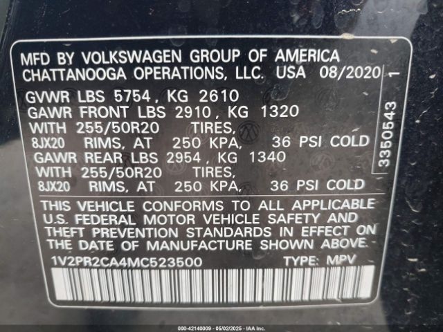 1V2PR2CA4MC523500 Volkswagen Atlas 3.6l V6 Se W/technology R-line