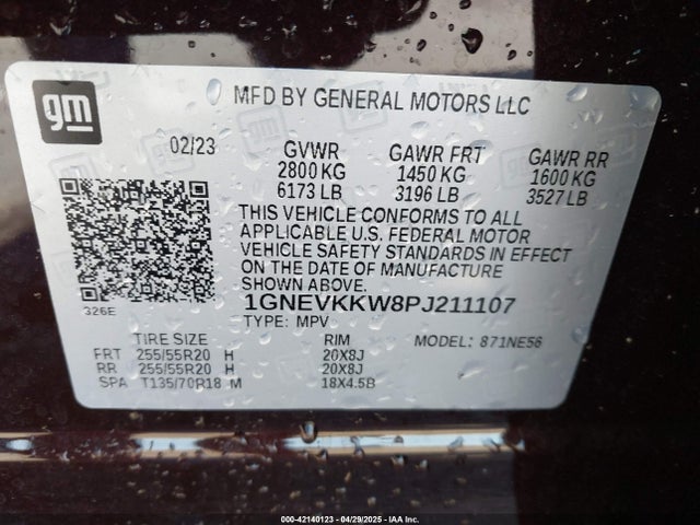 1GNEVKKW8PJ211107 Chevrolet Traverse Awd Premier