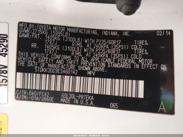 5TDKK3DC9ES460142 Toyota Sienna Le V6 8 Passenger