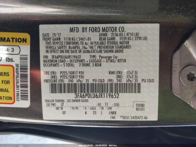 3FA6P0LU6JR119652 Ford Fusion Hybrid Se