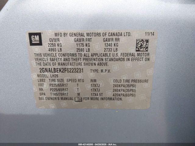 2GNALBEK2F6223231 Chevrolet EQUINOX 1LT