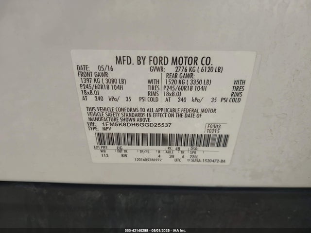 1FM5K8DH6GGD25537 Ford EXPLORER XLT