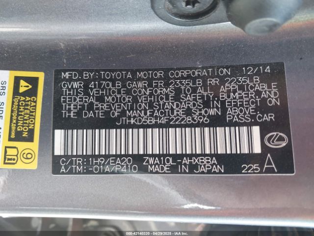 JTHKD5BH4F2228396 Lexus CT 200H
