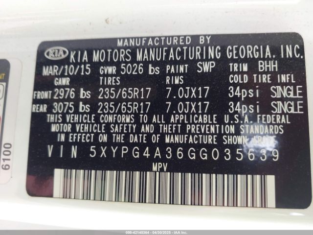 5XYPG4A36GG035639 KIA Sorento 2.4l Lx