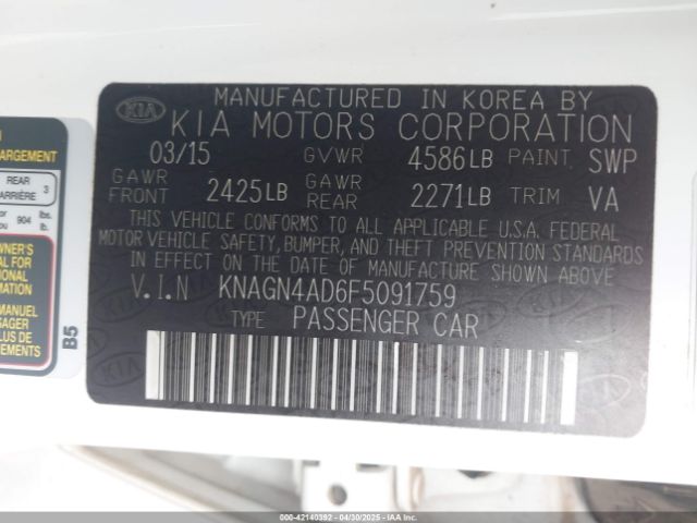 KNAGN4AD6F5091759 KIA Optima Hybrid Ex