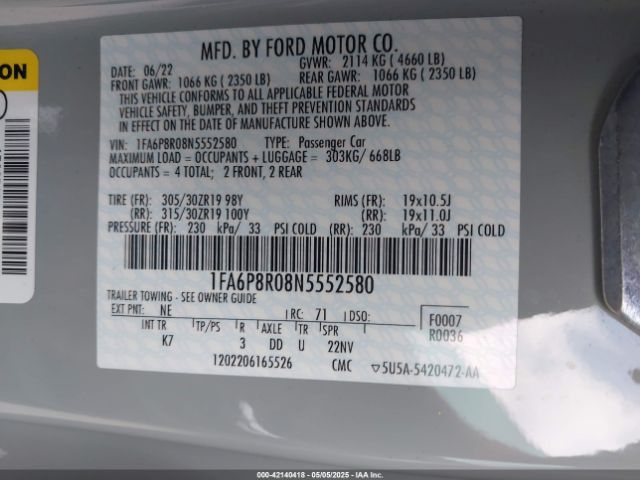 2022 FORD MUSTANG 1FA6P8R08N5552580 Photo 8
