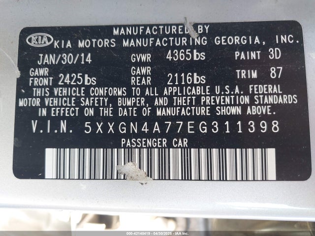 5XXGN4A77EG311398 KIA OPTIMA EX