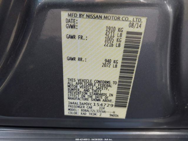1N4AL3AP0FC154729 Nissan Altima 2.5 Sl