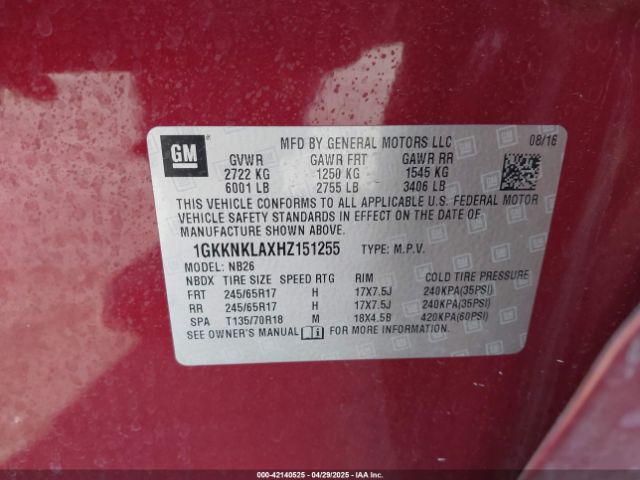 1GKKNKLAXHZ151255 GMC Acadia Sle-1