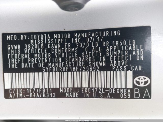 5YFBURHE1HP729692 Toyota COROLLA LE