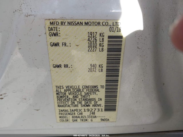 1N4AL3AP0JC192731 Nissan Altima 2.5 Sl