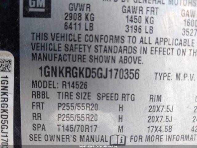1GNKRGKD5GJ170356 Chevrolet Traverse 1lt