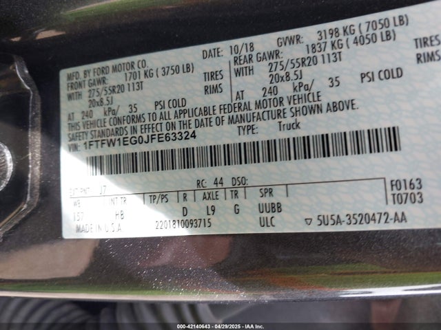 1FTFW1EG0JFE63324 Ford F-150 Lariat
