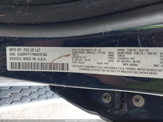 1C6SRFFT7NN415143 RAM 1500 Big Horn  4x4 5'7 Box