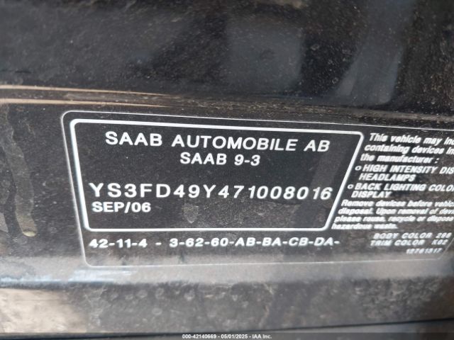2007 SAAB 9-3 YS3FD49Y471008016 Photo 8