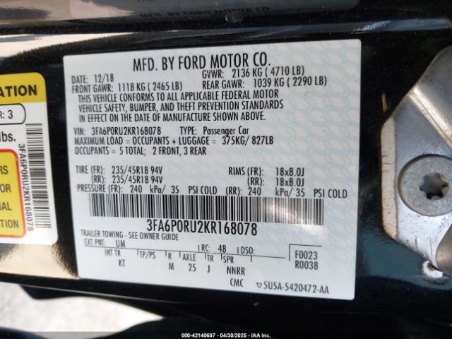 2019 FORD FUSION HYBRID 3FA6P0RU2KR168078 Photo 8