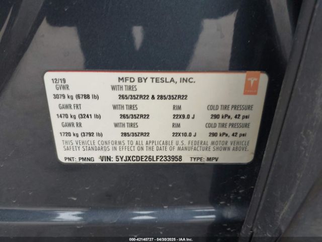5YJXCDE26LF233958 Tesla Model X Long Range Dual Motor All-wheel Drive/long Range Plus Dual Motor All-wheel Drive