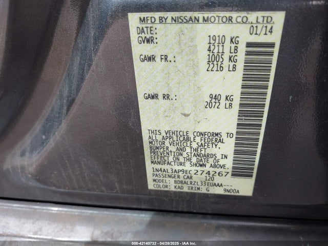 1N4AL3AP9EC274267 Nissan Altima 2.5/2.5 S/2.5 Sl/2.5 Sv