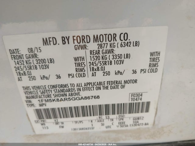 1FM5K8AR5GGA86768 Ford Utility Police Interceptor