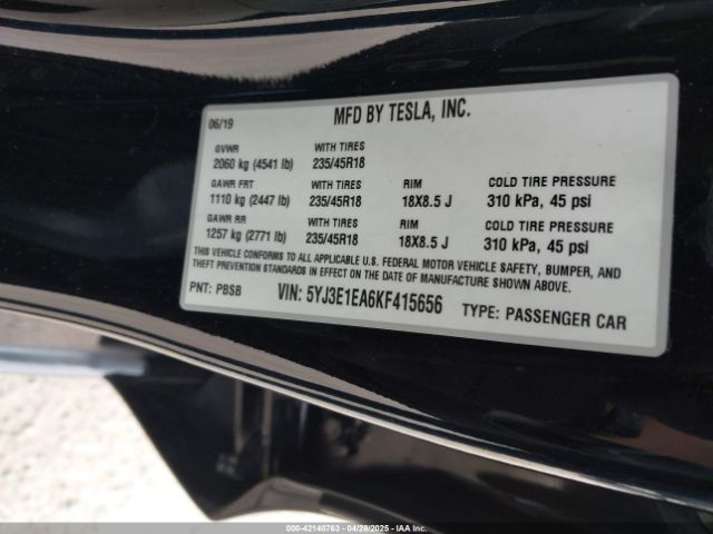 5YJ3E1EA6KF415656 Tesla Model 3 Long Range/mid Range/standard Range/standard Range Plus