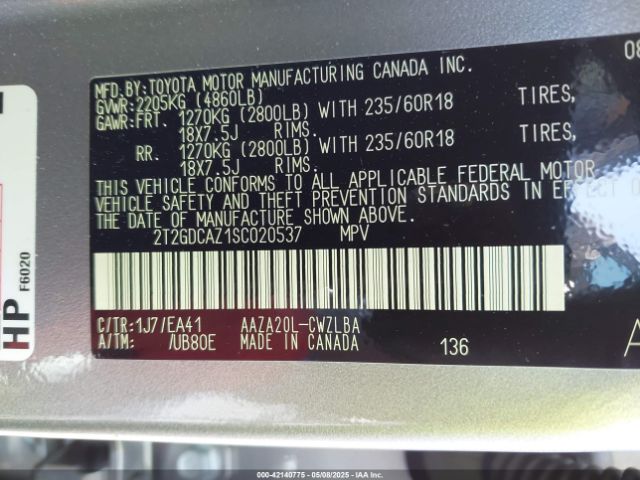 2T2GDCAZ1SC020537 Lexus Nx 250 Premium