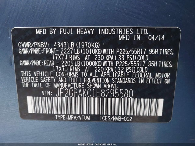 JF2GPAKC1E8295580 Subaru 2.0l na
