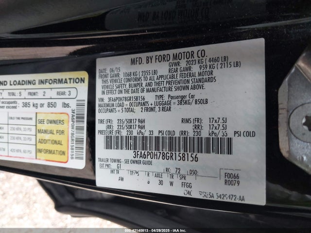 Ford FUSION SE 2016 3FA6P0H78GR158156 Image 9