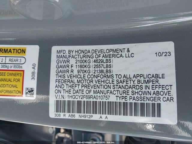 1HGCY2F69RA010757 Honda Accord Hybrid Ex-l