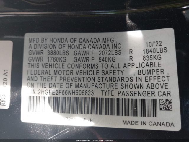 2022 HONDA CIVIC 2HGFE2F56NH606823 Photo 8