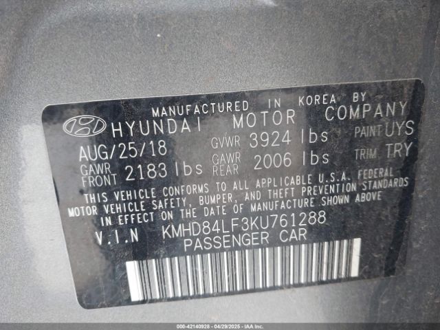 KMHD84LF3KU761288 Hyundai ELANTRA SEL