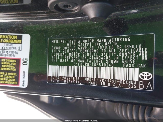 5YFBURHEXGP540246 Toyota COROLLA LE