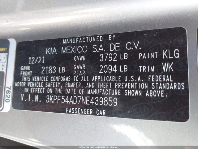 3KPF54AD7NE439859 KIA mpi nu