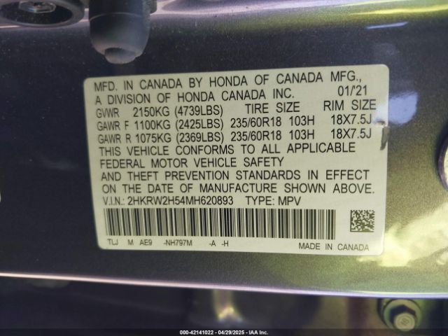 2HKRW2H54MH620893 Honda Cr-v Awd Ex