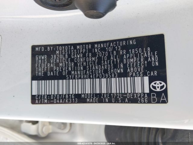 5YFBPRHE4EP039583 Toyota Corolla Le Eco Plus