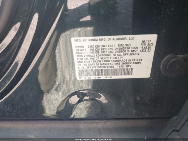 5FNYF6H51HB091555 Honda Pilot Ex-l