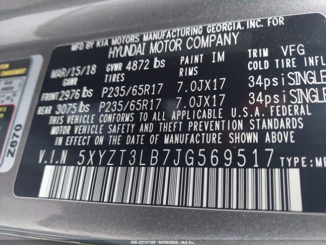 5XYZT3LB7JG569517 Hyundai gdi theta ii